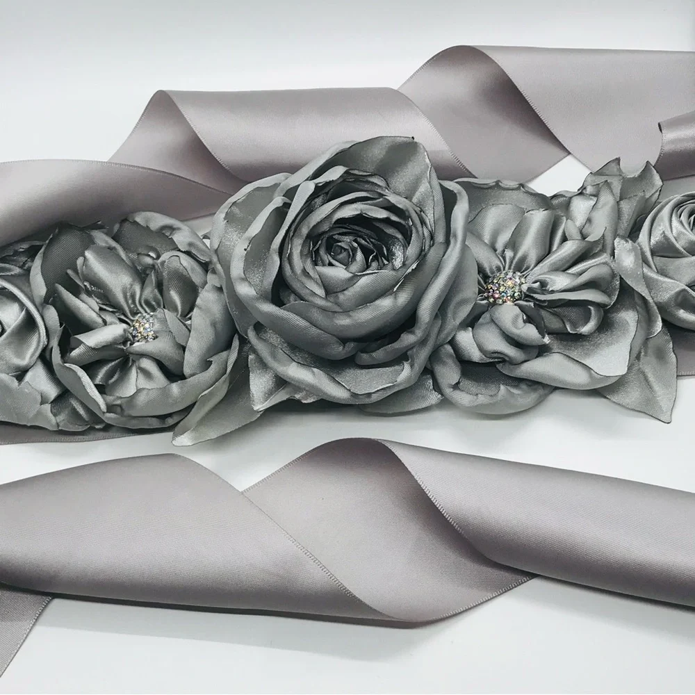 Handmade Couture Silver Satin Floral Bridal Sash Belt | Wedding • Maternity